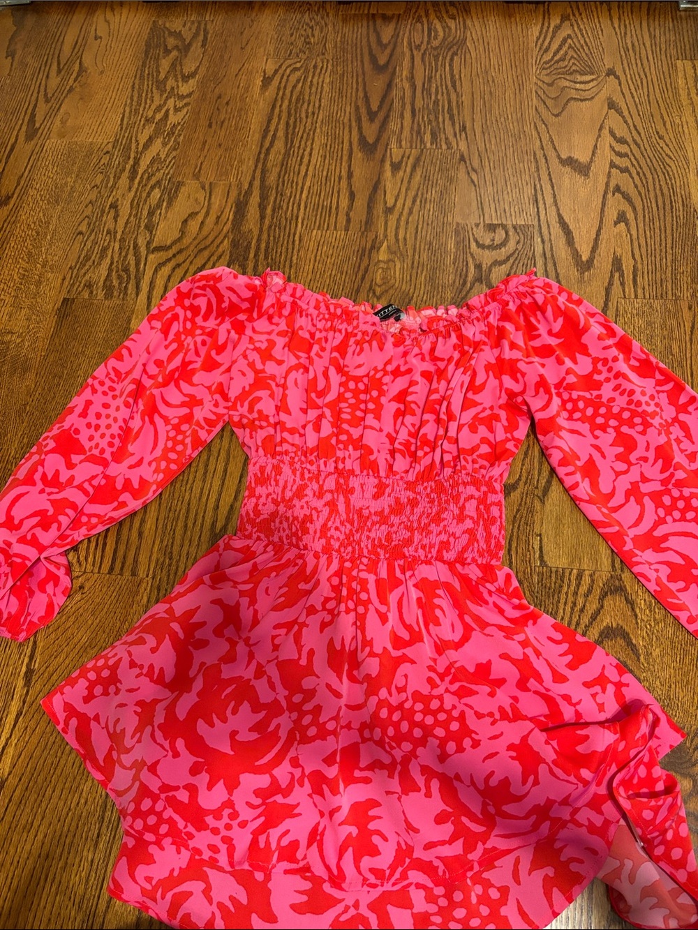 Kittenish Bright Pink & Red Off-Shoulder Smocked Waist Dress